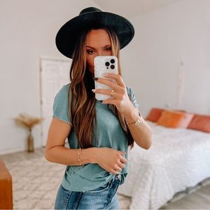 NWT Market & Spruce Teal Boho Trim Short Sleeve Top • Size Small Petite